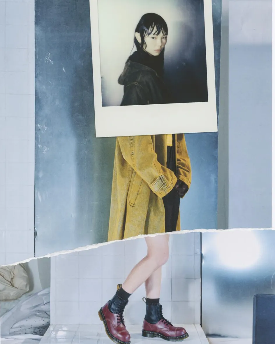 Dr. Martens Boots|Collaborations*1460 / 1461 MM6 Steel Toe Leather Boots in Black Black+Oxblood — VINTAGE SMOOTH+VIRGINIA