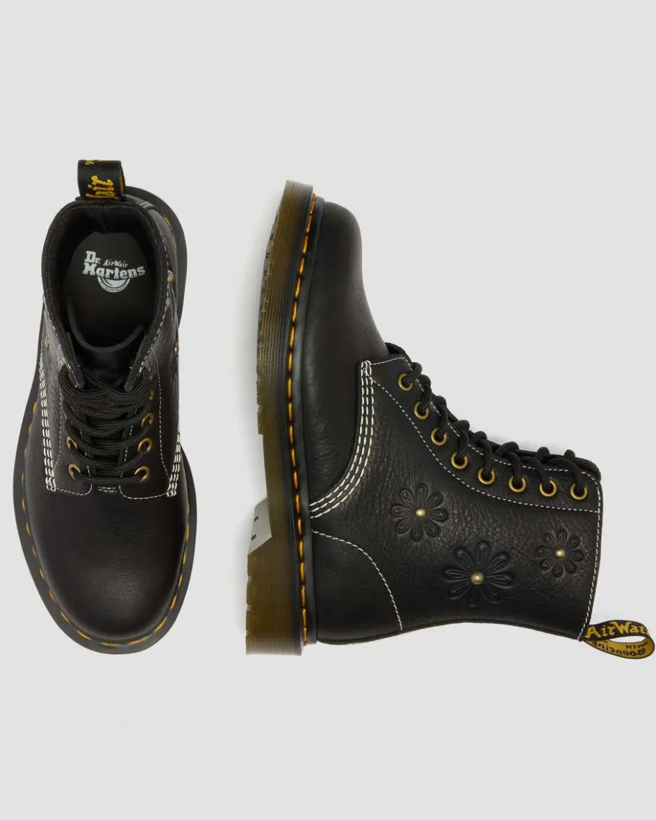 Dr. Martens New And Featured|Floral Styles*1460 Pascal Flower Grizzly Leather Boots in Black Black — Grizzly