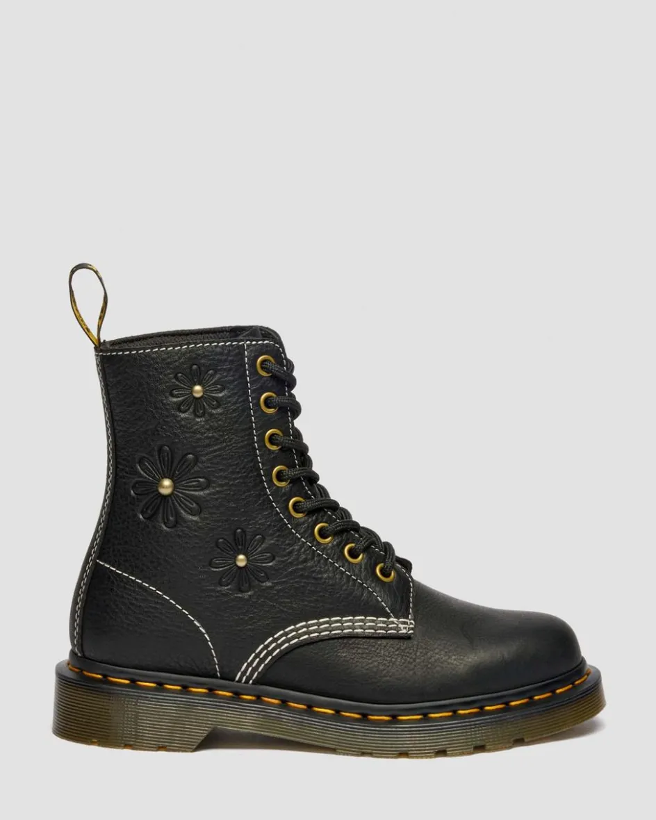 Dr. Martens New And Featured|Floral Styles*1460 Pascal Flower Grizzly Leather Boots in Black Black — Grizzly