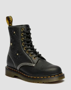 Dr. Martens New And Featured|Floral Styles*1460 Pascal Flower Grizzly Leather Boots in Black Black — Grizzly