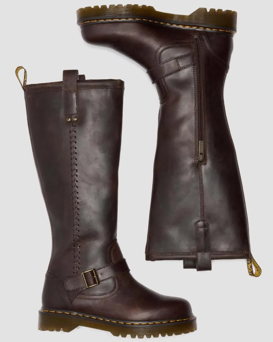 Dr. Martens Last Chance Styles|Last Chance Styles*Anistone Knee High Crazy Horse Leather Biker Boots in Dark Brown Dark Brown — Crazy Horse