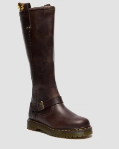 Dr. Martens Last Chance Styles|Last Chance Styles*Anistone Knee High Crazy Horse Leather Biker Boots in Dark Brown Dark Brown — Crazy Horse
