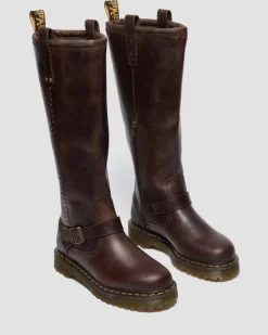 Dr. Martens Last Chance Styles|Last Chance Styles*Anistone Knee High Crazy Horse Leather Biker Boots in Dark Brown Dark Brown — Crazy Horse