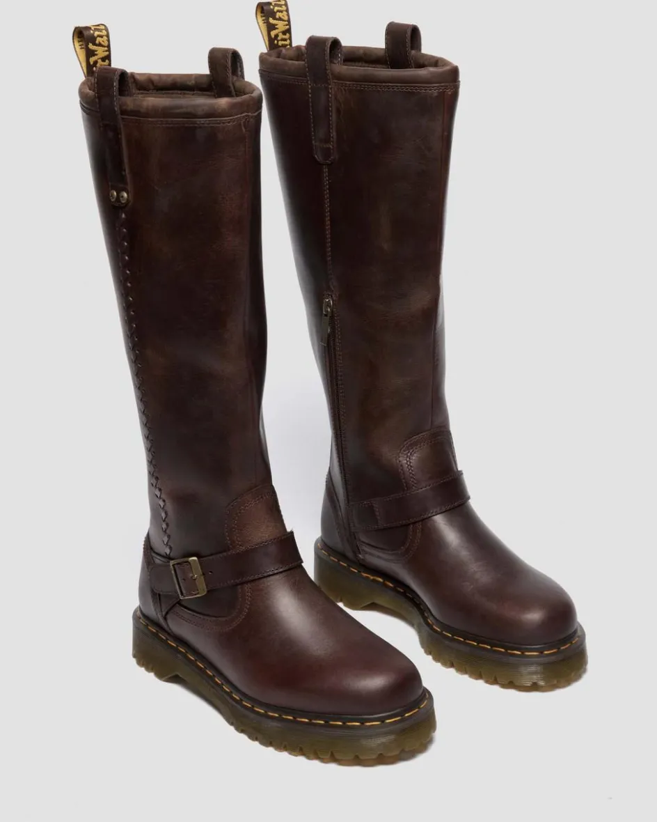 Dr. Martens Last Chance Styles|Last Chance Styles*Anistone Knee High Crazy Horse Leather Biker Boots in Dark Brown Dark Brown — Crazy Horse