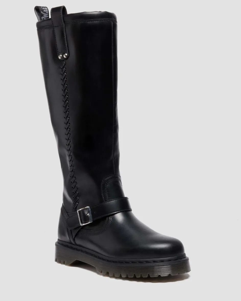 Dr. Martens Last Chance Styles|Last Chance Styles*Anistone Knee High Orleans Leather Biker Boots in Black Black — Orleans