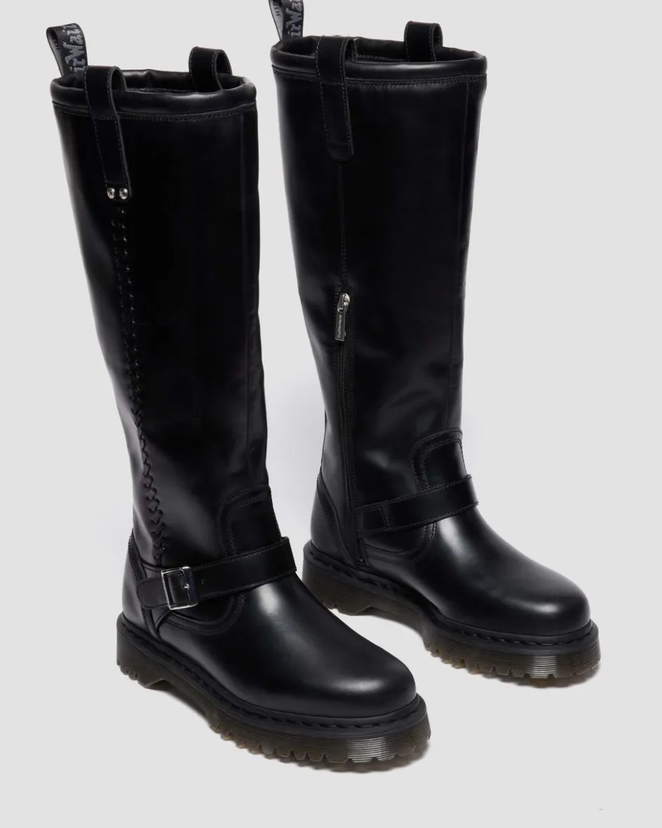 Dr. Martens Last Chance Styles|Last Chance Styles*Anistone Knee High Orleans Leather Biker Boots in Black Black — Orleans