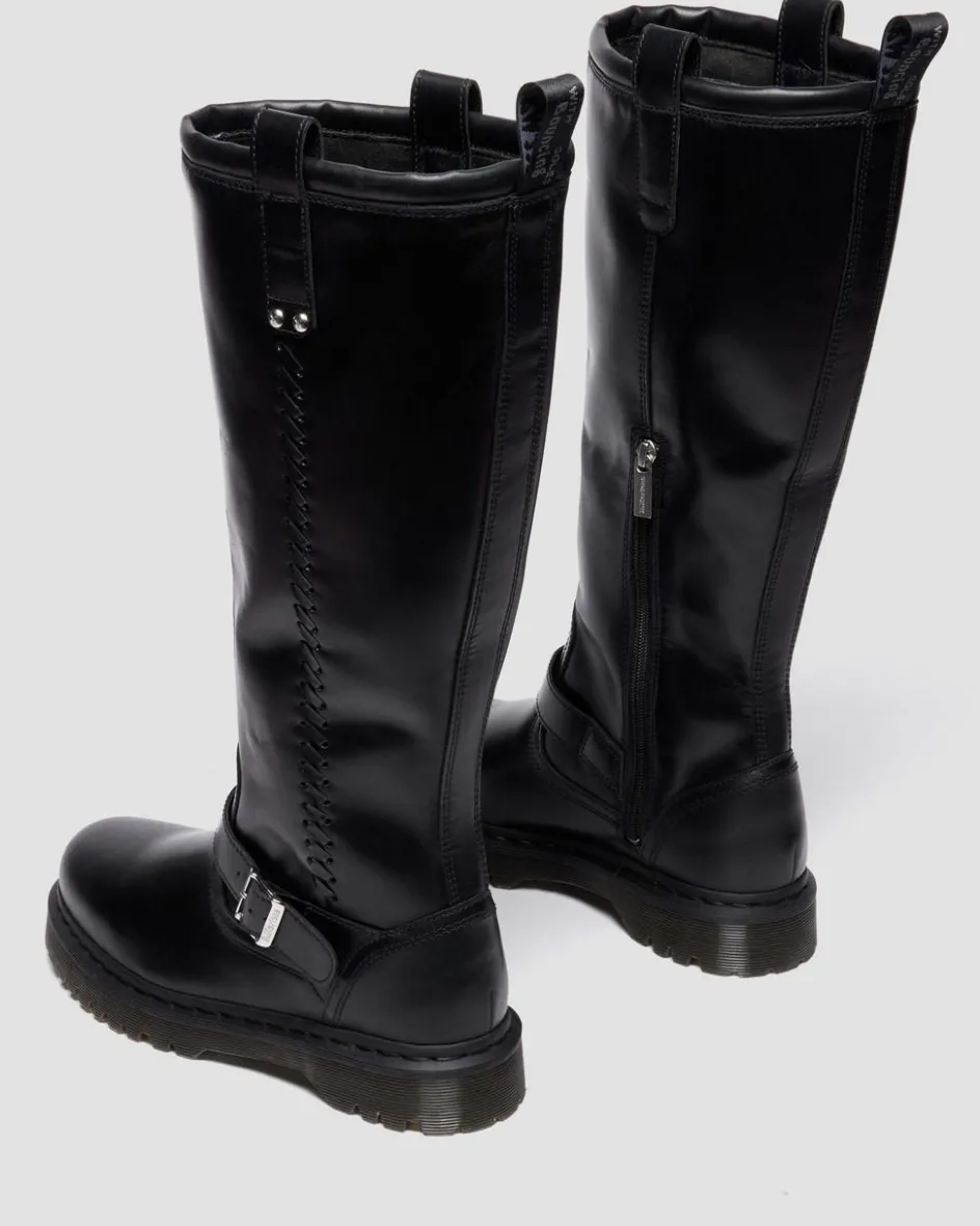 Dr. Martens Last Chance Styles|Last Chance Styles*Anistone Knee High Orleans Leather Biker Boots in Black Black — Orleans