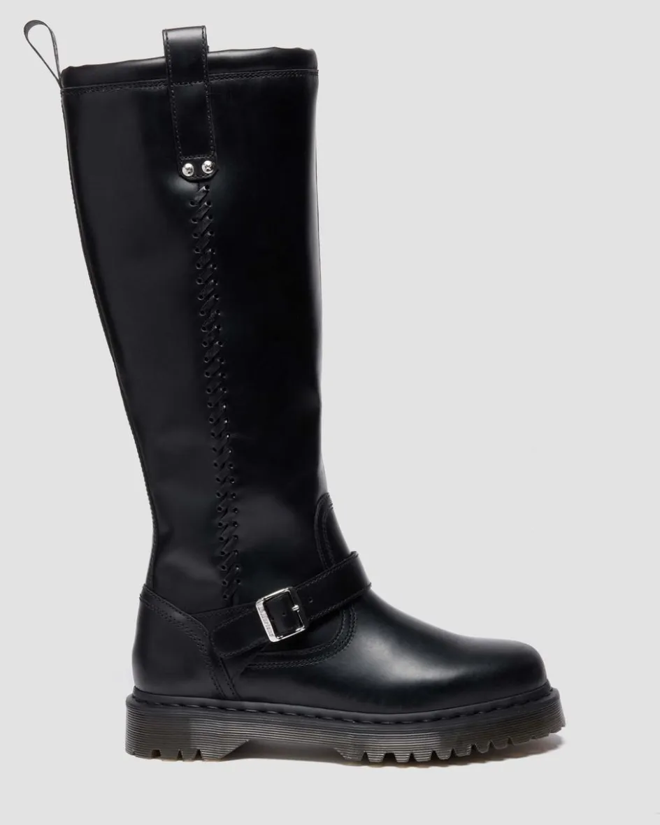 Dr. Martens Last Chance Styles|Last Chance Styles*Anistone Knee High Orleans Leather Biker Boots in Black Black — Orleans