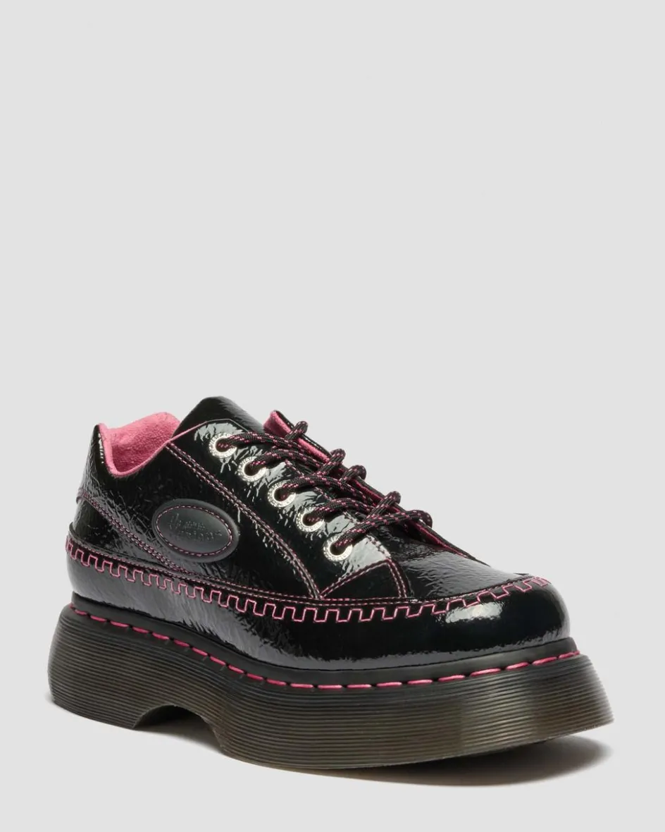 Dr. Martens Shoes|Platform Shoes*Buzz 5-Eye Distressed Patent Leather Shoes in Black Black — Distressed Patent