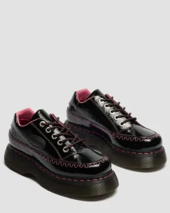 Dr. Martens Shoes|Platform Shoes*Buzz 5-Eye Distressed Patent Leather Shoes in Black Black — Distressed Patent