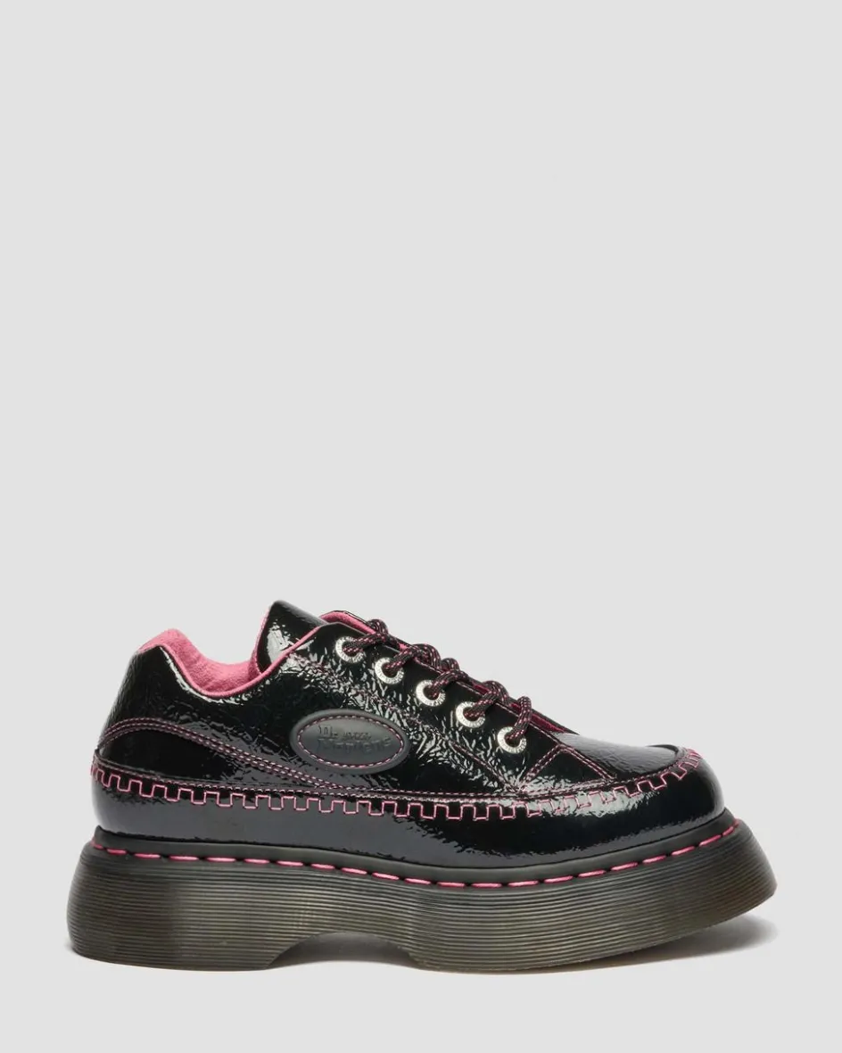 Dr. Martens Shoes|Platform Shoes*Buzz 5-Eye Distressed Patent Leather Shoes in Black Black — Distressed Patent