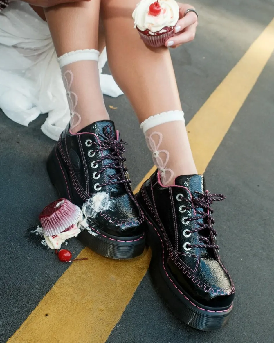 Dr. Martens Shoes|Platform Shoes*Buzz 5-Eye Distressed Patent Leather Shoes in Black Black — Distressed Patent