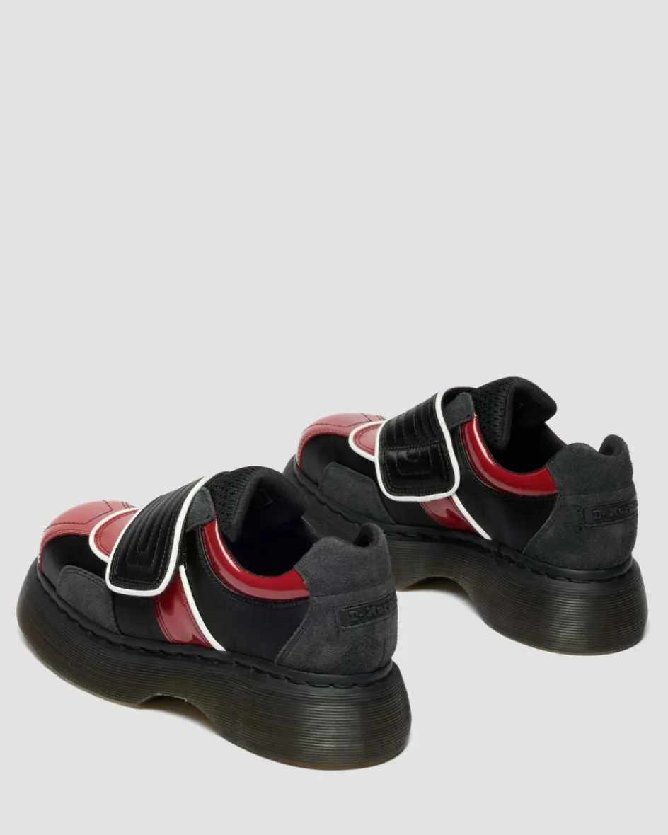 Dr. Martens Shoes|Platform Shoes*Buzz Strap Mixed Material Shoes in Black BLACK+SCARLET RED — Satin Lux+High Gloss Patent