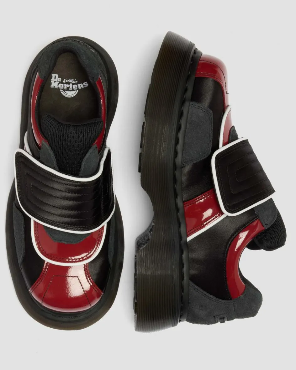 Dr. Martens Shoes|Platform Shoes*Buzz Strap Mixed Material Shoes in Black BLACK+SCARLET RED — Satin Lux+High Gloss Patent