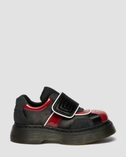 Dr. Martens Shoes|Platform Shoes*Buzz Strap Mixed Material Shoes in Black BLACK+SCARLET RED — Satin Lux+High Gloss Patent