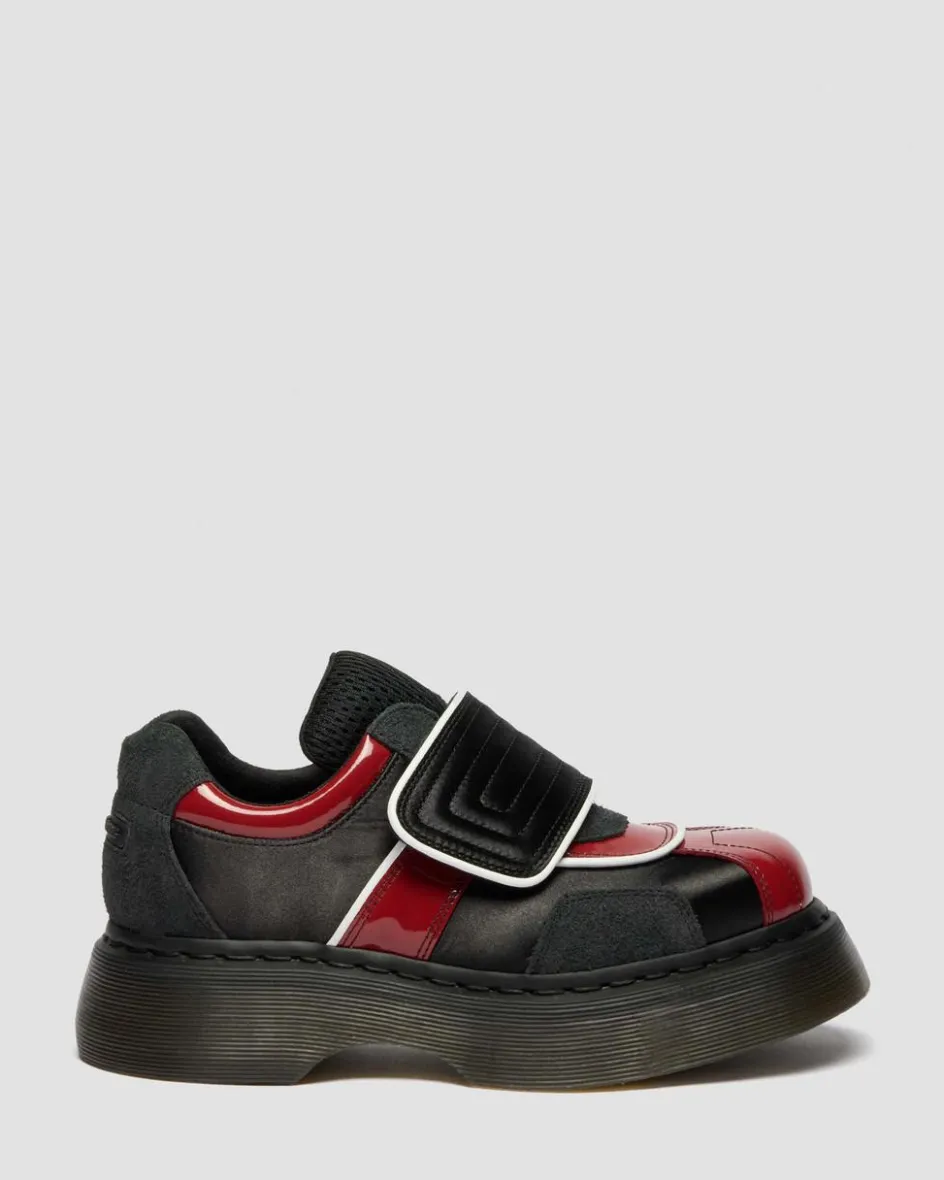 Dr. Martens Shoes|Platform Shoes*Buzz Strap Mixed Material Shoes in Black BLACK+SCARLET RED — Satin Lux+High Gloss Patent