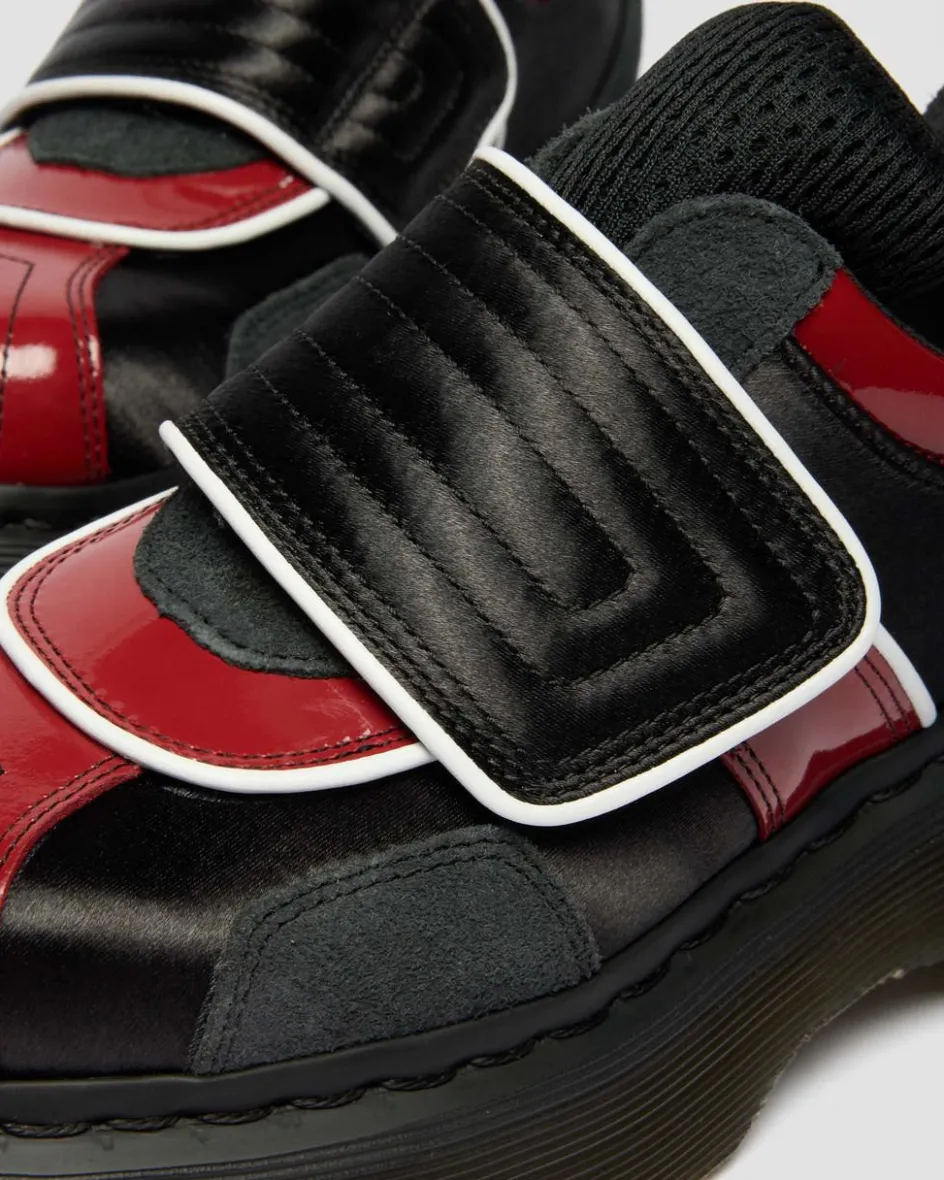 Dr. Martens Shoes|Platform Shoes*Buzz Strap Mixed Material Shoes in Black BLACK+SCARLET RED — Satin Lux+High Gloss Patent