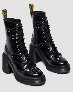 Dr. Martens Ankle Boots|Boots*CHESNEY STUDDED BUTTERO LEATHER FLARE HEEL BOOTS in Black Buttero BLACK BUTTERO — Buttero