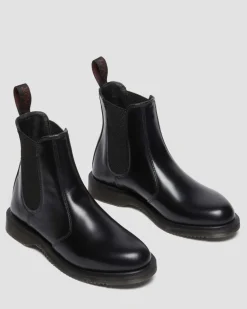 Dr. Martens Boots|Chelsea Boots*Flora Smooth Chelsea Boots in Black Black — Polished Smooth