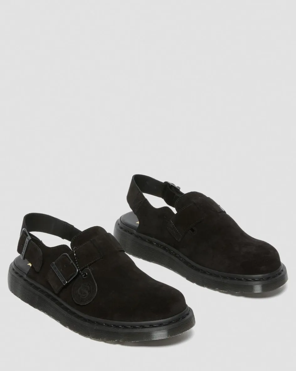 Dr. Martens Last Chance Styles|Last Chance Styles*Jorge Made in England Suede Slingback Mules in Black Black — Repello Calf Suede (Gum Oil)