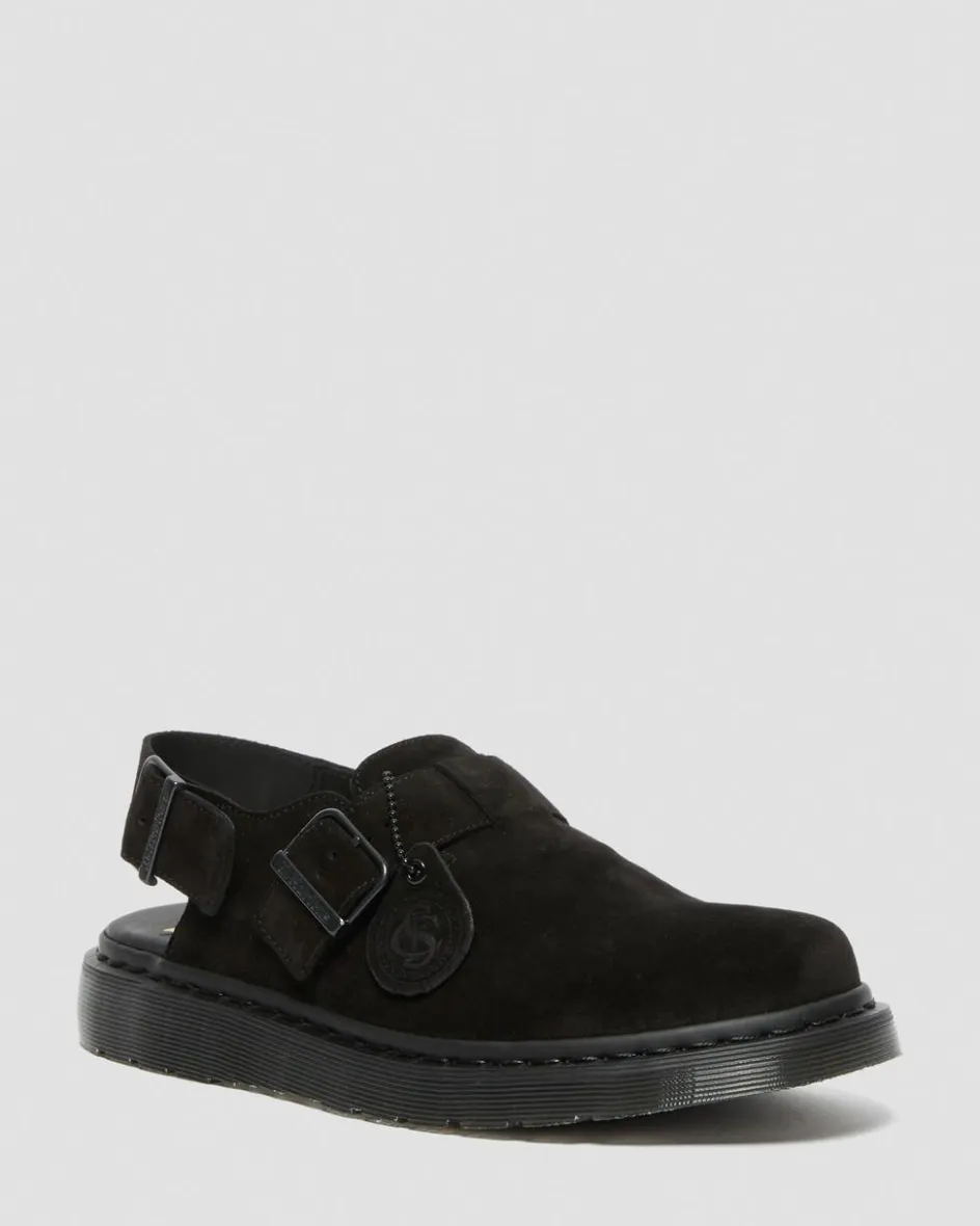 Dr. Martens Last Chance Styles|Last Chance Styles*Jorge Made in England Suede Slingback Mules in Black Black — Repello Calf Suede (Gum Oil)