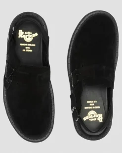 Dr. Martens Last Chance Styles|Last Chance Styles*Jorge Made in England Suede Slingback Mules in Black Black — Repello Calf Suede (Gum Oil)