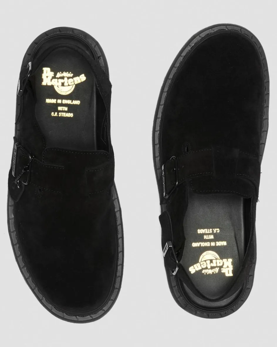Dr. Martens Last Chance Styles|Last Chance Styles*Jorge Made in England Suede Slingback Mules in Black Black — Repello Calf Suede (Gum Oil)