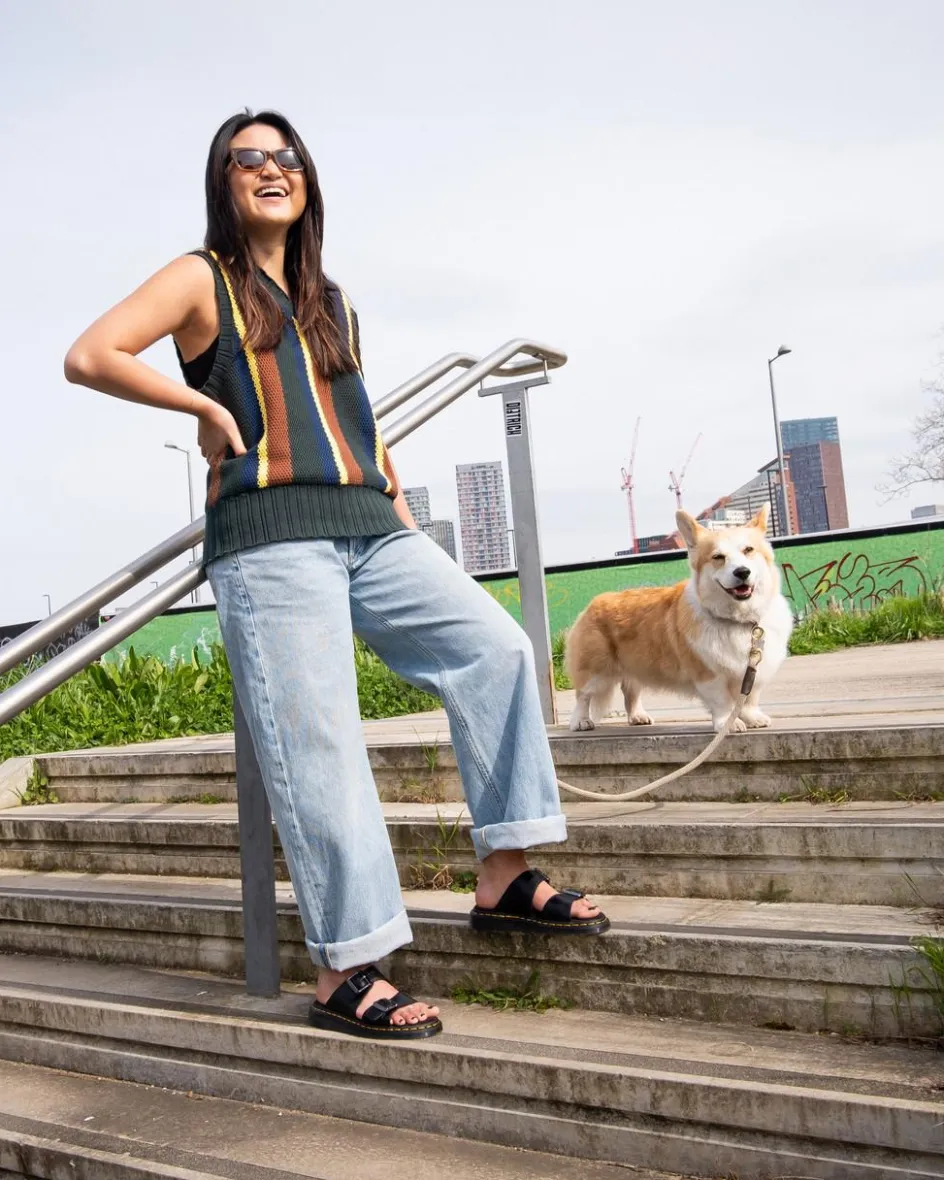Dr. Martens Slides|Sandals*Josef Analine Leather Buckle Slide Sandals in Black Black — Analine