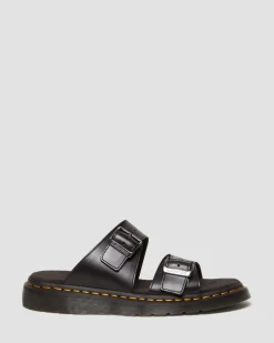 Dr. Martens Slides|Sandals*Josef Analine Leather Buckle Slide Sandals in Black Black — Analine