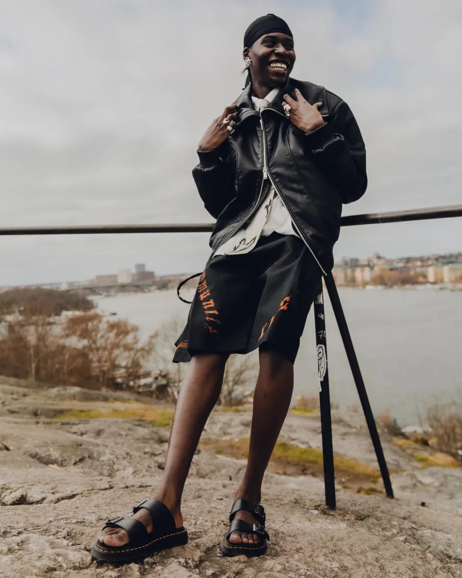 Dr. Martens Slides|Sandals*Josef Analine Leather Buckle Slide Sandals in Black Black — Analine
