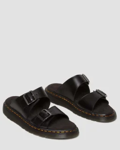 Dr. Martens Slides|Sandals*Josef Analine Leather Buckle Slide Sandals in Black Black — Analine