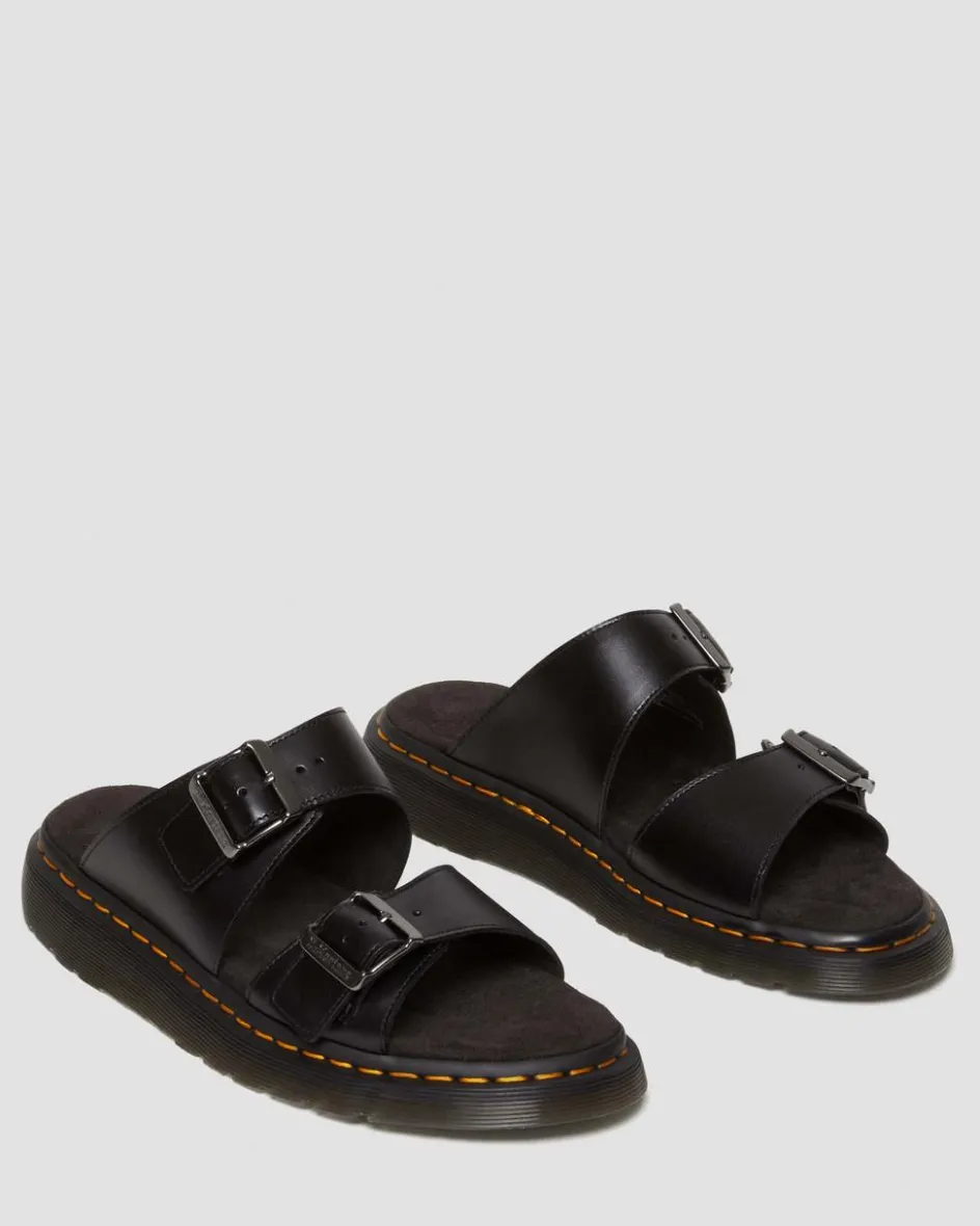 Dr. Martens Slides|Sandals*Josef Analine Leather Buckle Slide Sandals in Black Black — Analine
