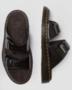 Dr. Martens Slides|Sandals*Josef Analine Leather Buckle Slide Sandals in Black Black — Analine