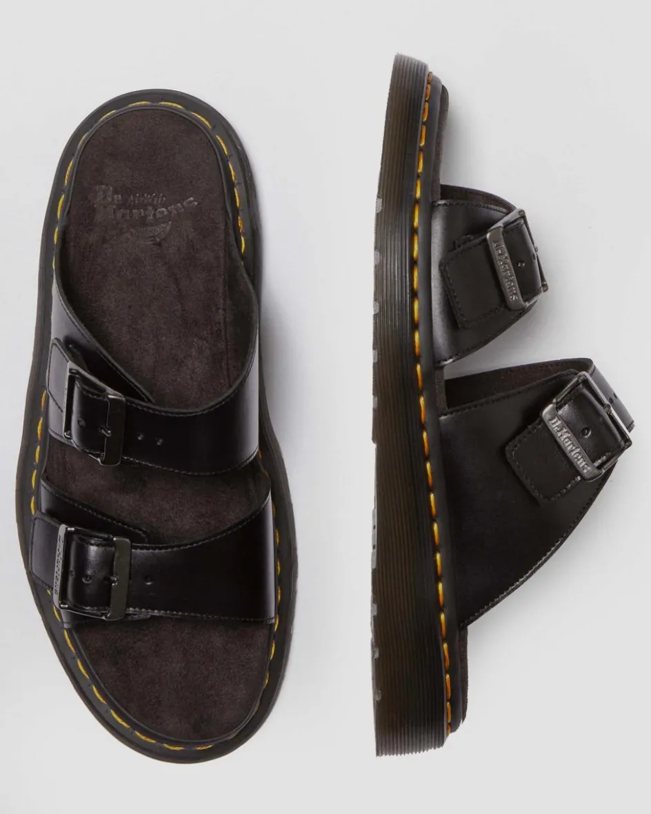 Dr. Martens Slides|Sandals*Josef Analine Leather Buckle Slide Sandals in Black Black — Analine
