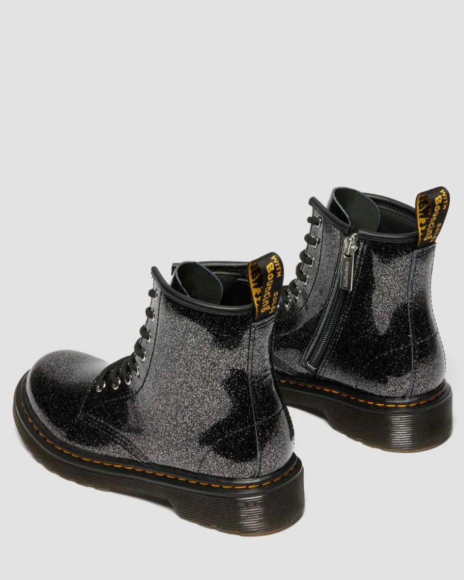Dr. Martens Junior & 5-7 Years*JUNIOR 1460 GLITTER PATENT LEATHER BOOTS in Black BLACK+SILVER — Nebula Glitter