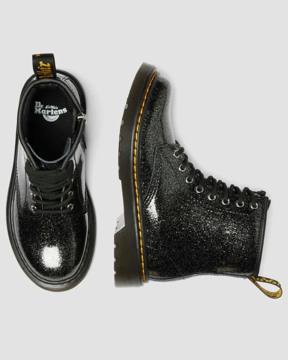 Dr. Martens Junior & 5-7 Years*JUNIOR 1460 GLITTER PATENT LEATHER BOOTS in Black BLACK+SILVER — Nebula Glitter
