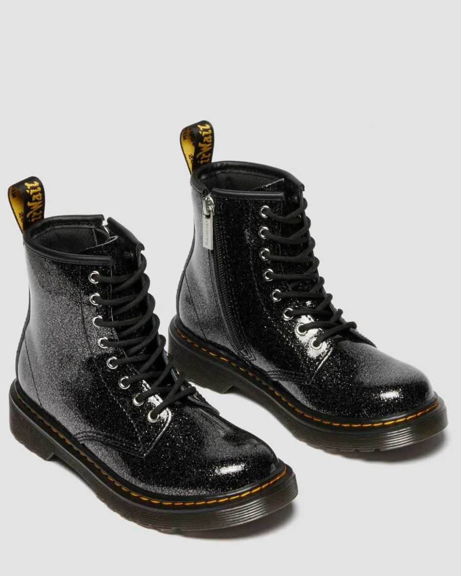 Dr. Martens Junior & 5-7 Years*JUNIOR 1460 GLITTER PATENT LEATHER BOOTS in Black BLACK+SILVER — Nebula Glitter