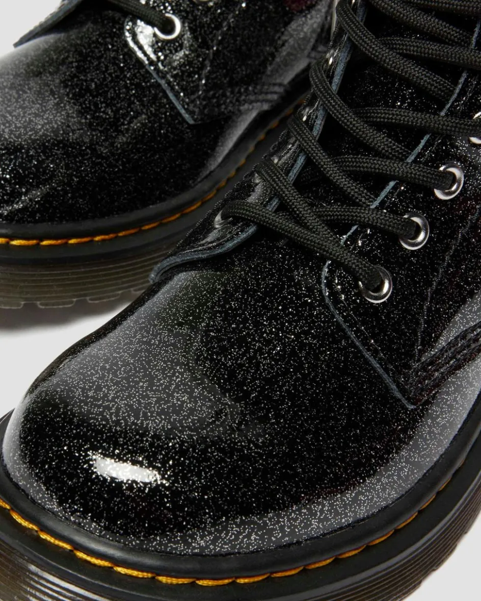 Dr. Martens Junior & 5-7 Years*JUNIOR 1460 GLITTER PATENT LEATHER BOOTS in Black BLACK+SILVER — Nebula Glitter
