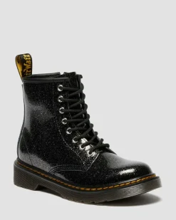Dr. Martens Junior & 5-7 Years*JUNIOR 1460 GLITTER PATENT LEATHER BOOTS in Black BLACK+SILVER — Nebula Glitter