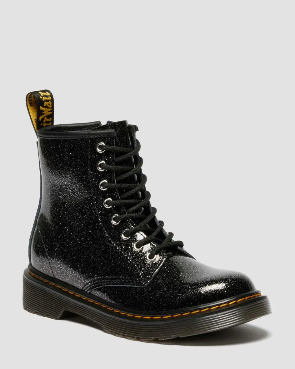 Dr. Martens Junior & 5-7 Years*JUNIOR 1460 GLITTER PATENT LEATHER BOOTS in Black BLACK+SILVER — Nebula Glitter