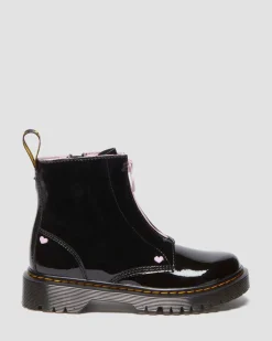 Dr. Martens Last Chance Styles*Junior Heart Nappa Patent Leather Pull-on Boots in Black Black+Pink — Patent Lamper