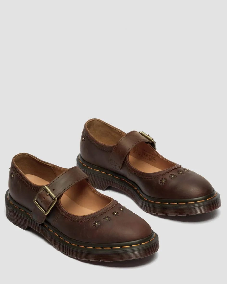 Dr. Martens Shoes|New And Featured*Mary Jane Flower Crazy Horse Leather Shoes in Dark Brown Dark Brown — Crazy Horse