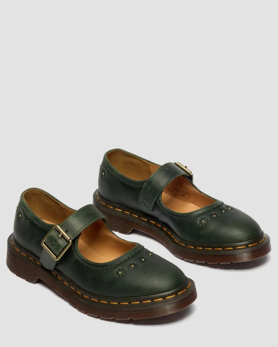 Dr. Martens Shoes|New And Featured*Mary Jane Flower Crazy Horse Leather Shoes in Dms Green DMS GREEN — Crazy Horse