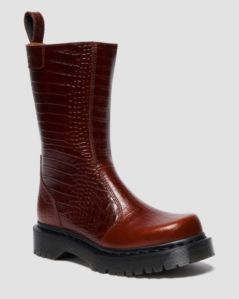 Dr. Martens Last Chance Styles*REJENA CROC EMBOSS LEATHER BOOTS in Mocha Brown MOCHA BROWN — Croc Embossed Analine