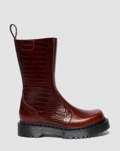 Dr. Martens Last Chance Styles*REJENA CROC EMBOSS LEATHER BOOTS in Mocha Brown MOCHA BROWN — Croc Embossed Analine