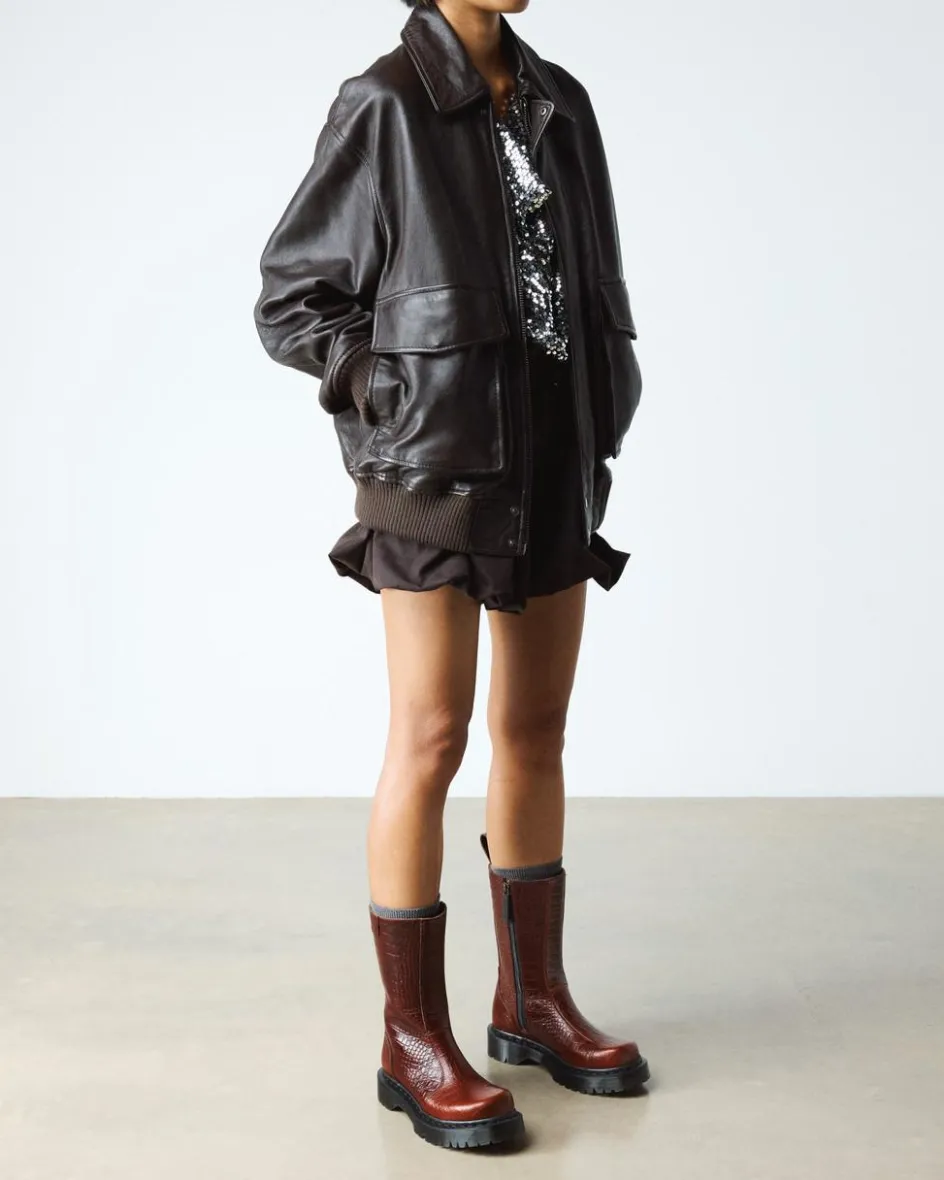 Dr. Martens Last Chance Styles*REJENA CROC EMBOSS LEATHER BOOTS in Mocha Brown MOCHA BROWN — Croc Embossed Analine