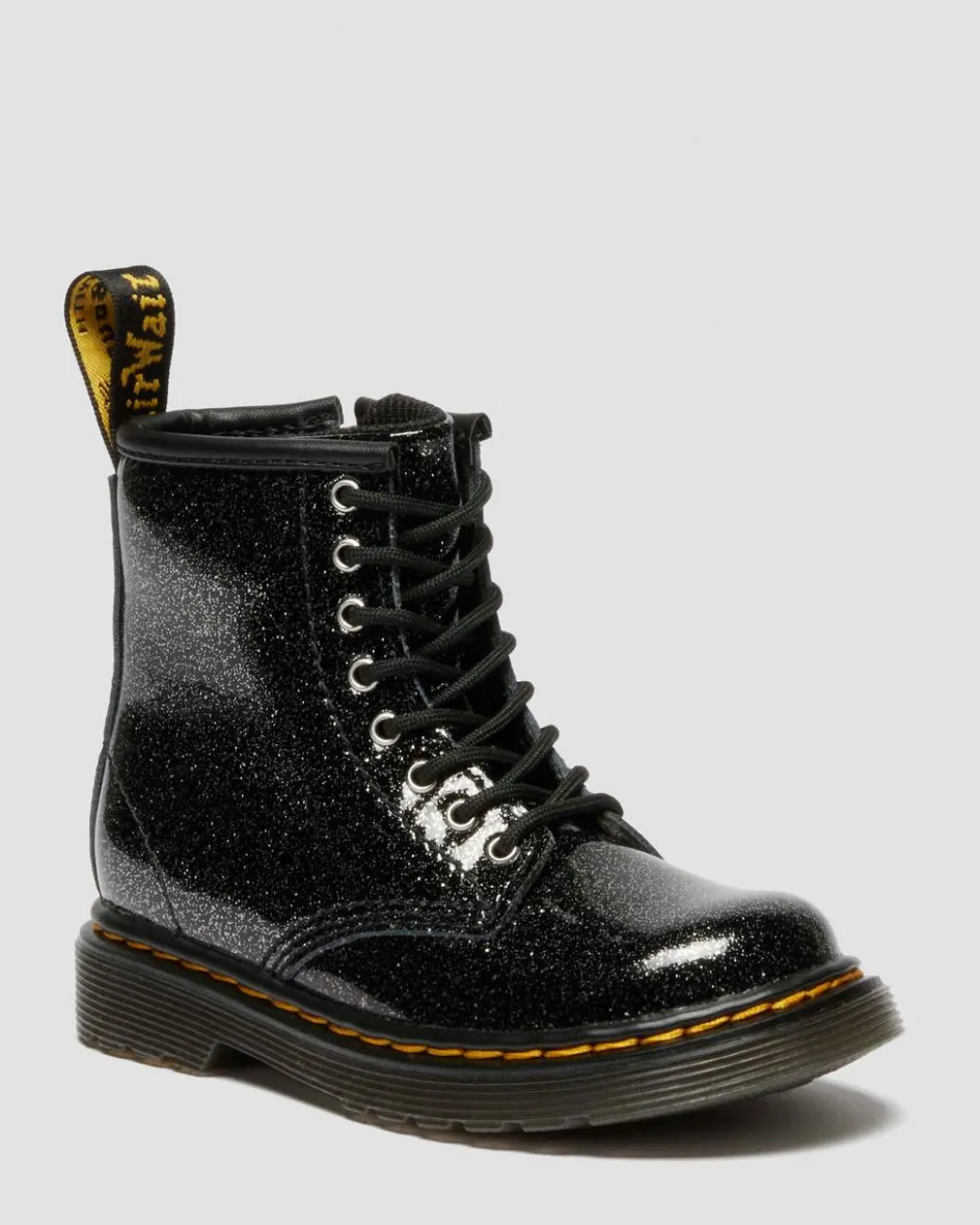 Dr. Martens Toddler & 2-4 Years*TODDLER 1460 GLITTER PATENT LEATHER BOOTS in Black BLACK+SILVER — Nebula Glitter