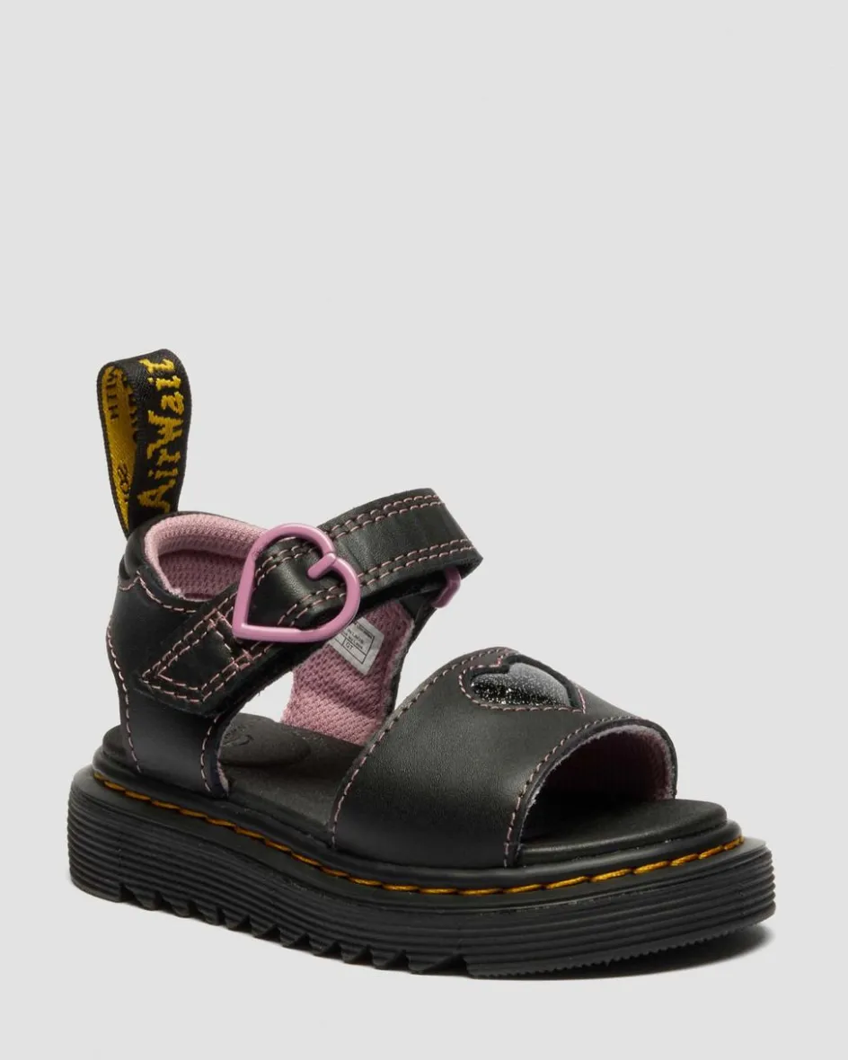 Dr. Martens Toddler & 2-4 Years*Toddler Marlowe II Glitter Heart Leather Strap Shoes in Black BLACK — Lucido+Nebula Glitter