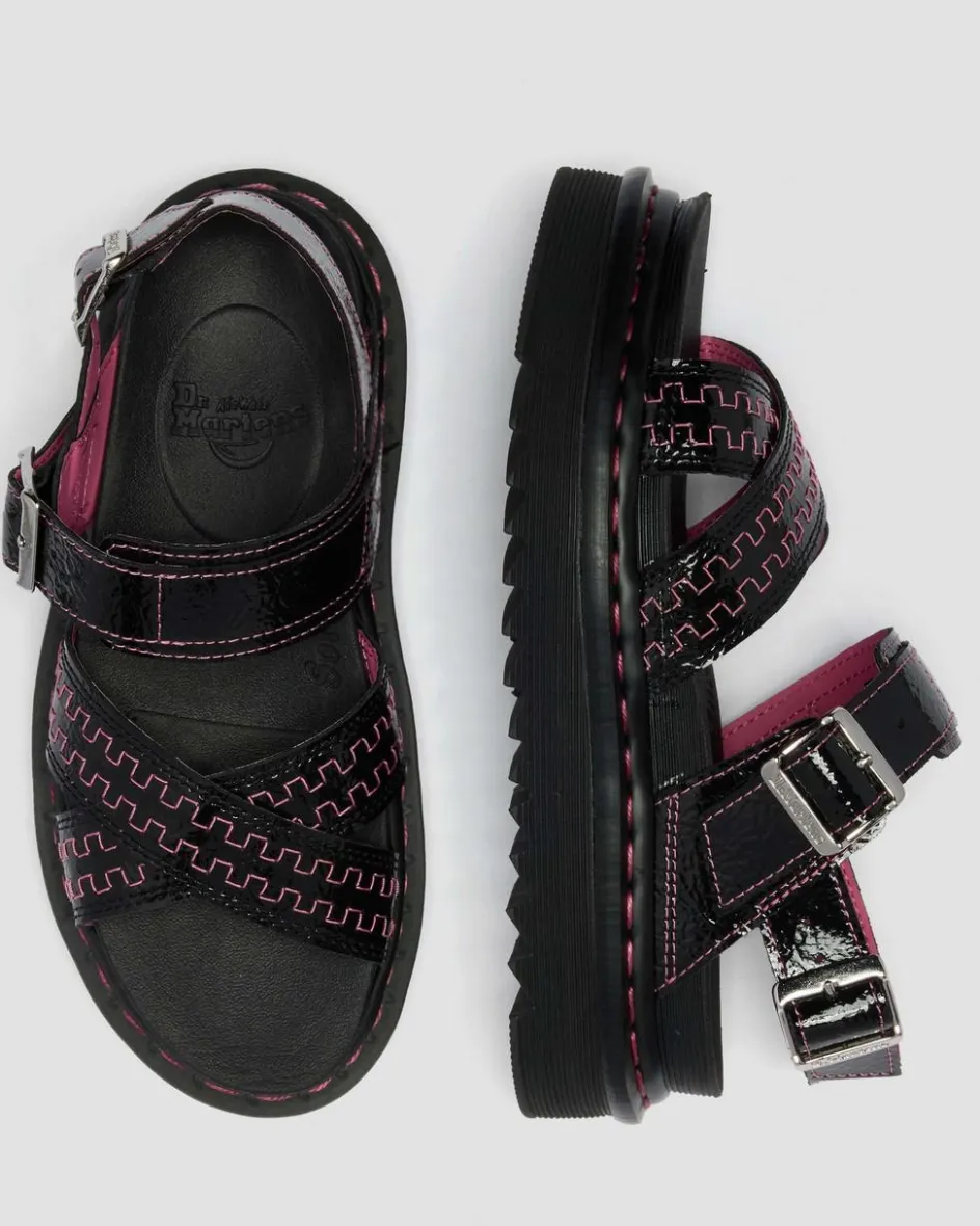 Dr. Martens Sandals|Spring Sandals*Voss II Distressed Patent Leather Sandals in Black Black — Distressed Patent