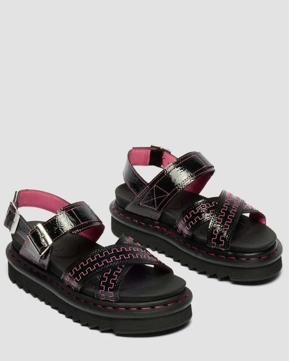 Dr. Martens Sandals|Spring Sandals*Voss II Distressed Patent Leather Sandals in Black Black — Distressed Patent